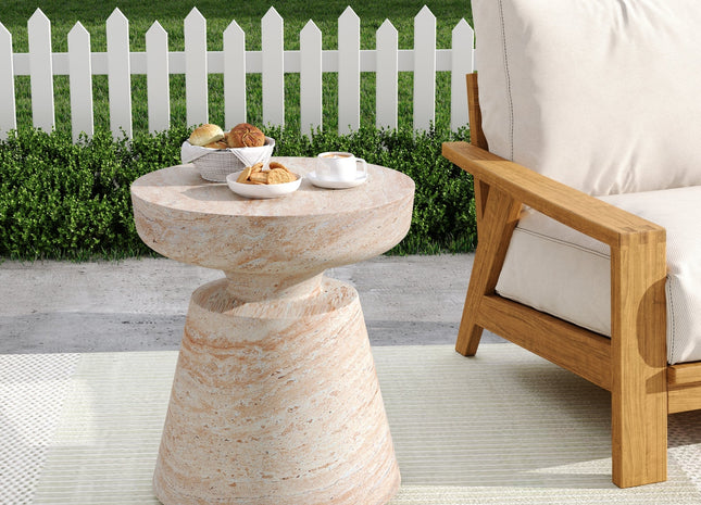 Outdoor/Indoor Lightweight Concrete Side Table, Travertine Finish, Beige, 20.5 x 17.75 Inches
