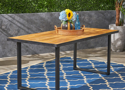 Outdoor Dining Table with U Shape Legs and Slat Top Table, Teak