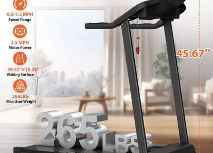 Foldable Treadmill 2.5HP Electric Folding Treadmill Running Walking Machine for Home Gym, Max 265 LBS Weight Capacity