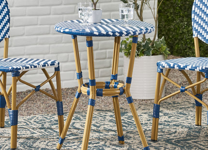 French Bistro Table Outdoor Elegance White+Blue Rattan 21.75x21.75x28.50 inches