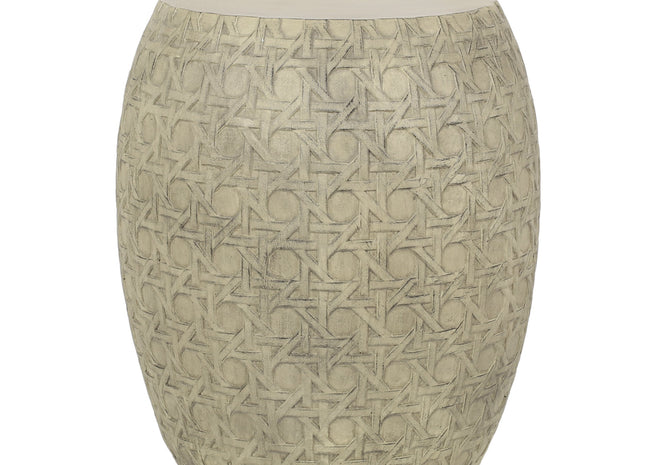 Bohemian Outdoor Lightweight Concrete Side Table with Cane Wicker Pattern, Antique Yellow, Magnesium Oxide, 17.50' x 17.50' x 19.75'