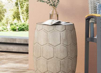 Boho Outdoor Lightweight Concrete Side Table with Honeycomb Pattern in Natural Finish, Magnesium Oxide, 15.25 x 15.25 x 18.25 inches