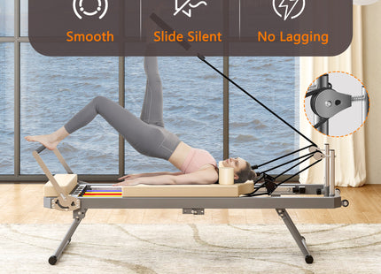 Pilates Reformer Machine for Home Gym Workout, Foldable Pilates Equipment with High Strength Alloy Springs for Beginners, Up to 330lbs,Beige