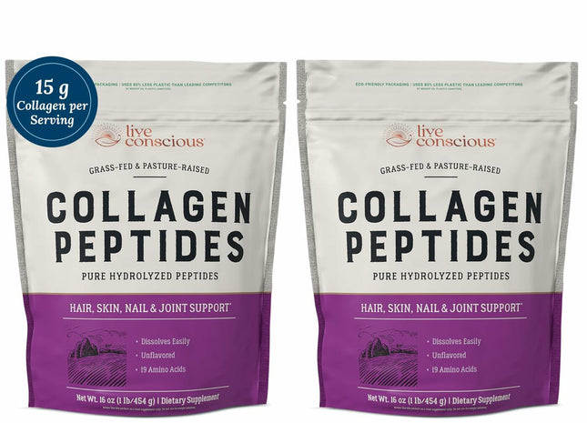 Live Conscious Collagen Peptides Powder 16oz 2-Pack Hair Skin Nail Joint Support