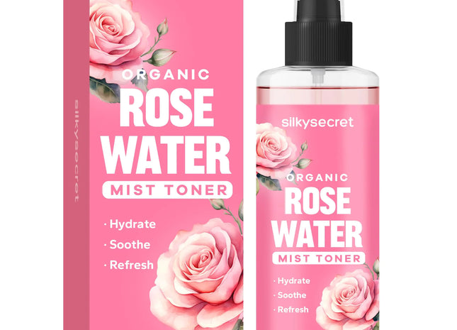 SilkySecret Organic Rose Water Spray (8.45 Fl Oz) Rosewater Spray for Face & Hair Hydrating Face Mist Toner Rose Water for Skin Care